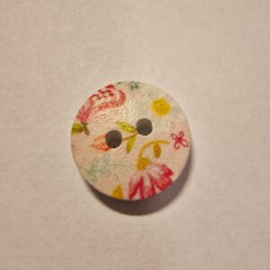 Knap, 2 hul, træ-look, malet, pink og gul blomster