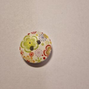 Knap, 2 hul, træ-look, malet, grøn og rød blomster