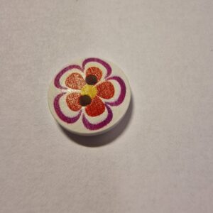 Knap, 2 hul, træ-look, malet, lilla og rød blomst