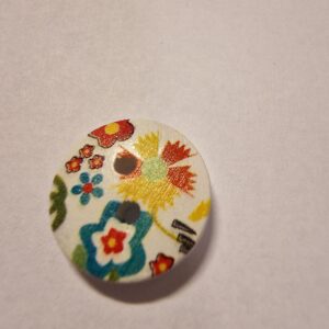 Knap, 2 hul, træ-look, malet, gul, grøn og rød blomster