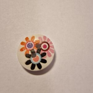 Knap, 2 hul, træ-look, malet, med 3 blomster