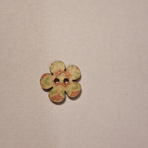 Knap, 2 hul, træ-look, malet, blomst form, turkis og rosa