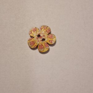 Knap, 2 hul, træ-look, malet, blomst form, rød og gul