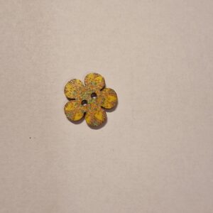Knap, 2 hul, træ-look, malet, blomst form, gul, turkis og orange